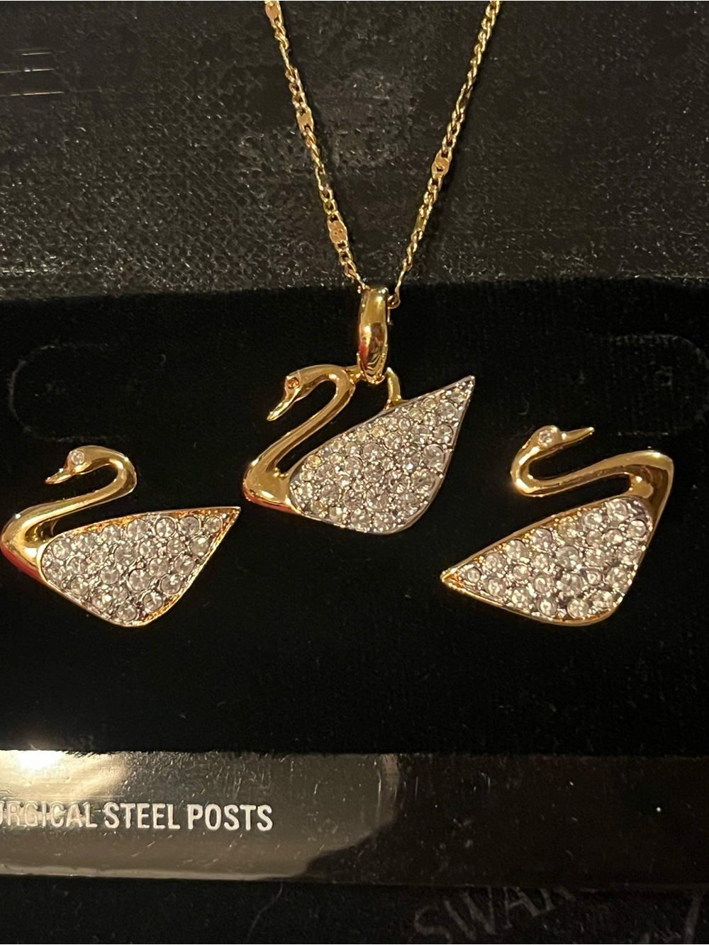 Vintage Swarovski Gold Swan Crystal Pendant Necklace, Bracelet and Earrings Set